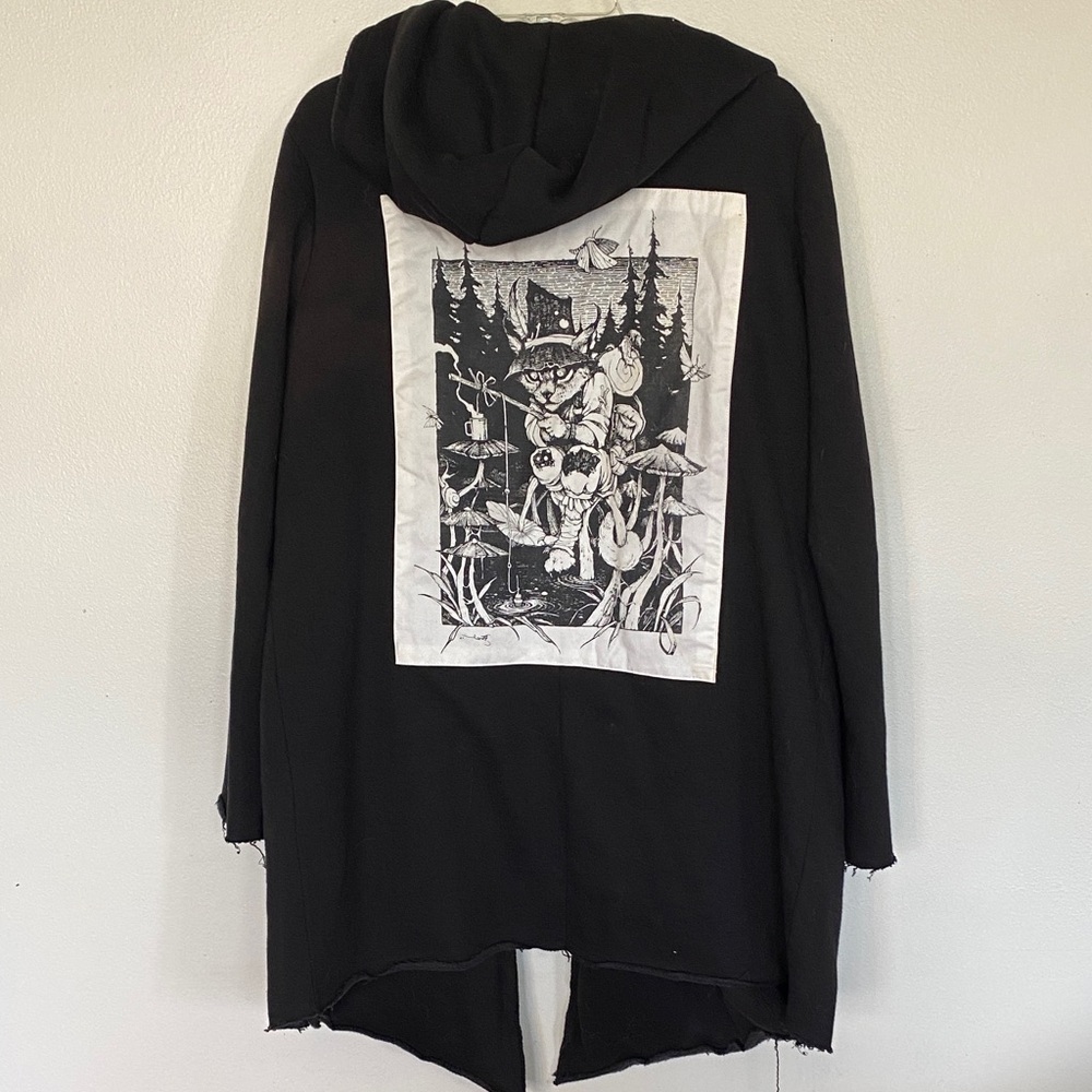 Black Hooded Graphic-Back Cardigan